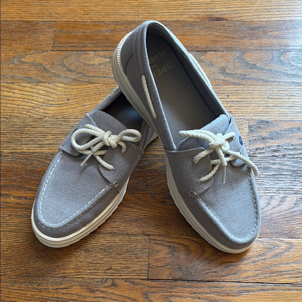Sperry Gray Canvas Boat Shoes with Nautical Design
